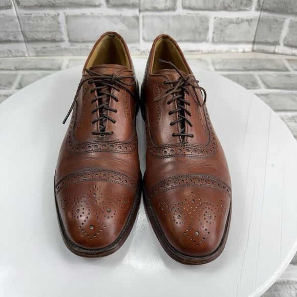 Allen Edmonds Strand Men\'s Size 9.5 Brown Leather Cap-Toe Dress Lace Up Oxfords